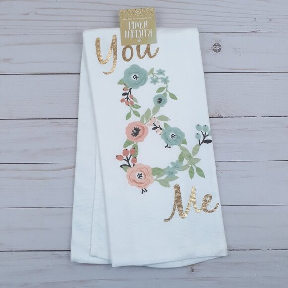 Kitchen Towel You & Me Floral Gold Letters Dual Purpose - Picture 1 of 3